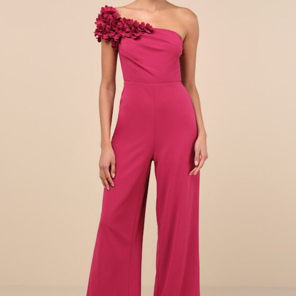 Lulus Damara Magenta Floral Applique One-shoulder Jumpsuit Pink - Size M - Picture 1 of 1